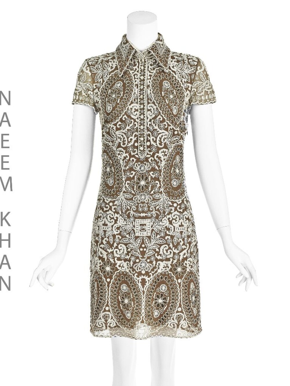 NAEEM KHAN Vintage Brown Silk Mini Dress w/White Embroidery SZ 4